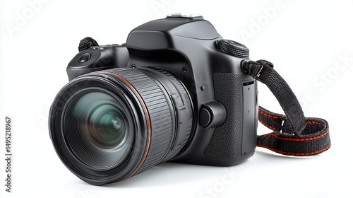 A crisp image of a black DSLR camera with lens and strap, angled slightly, isolated on a white background. 