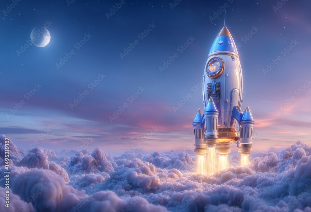 Naklejka premium A colorful nebula and a distant planet serve as the backdrop for a vibrant retro-style rocket as it soars through space surrounded by swirling, luminous clouds