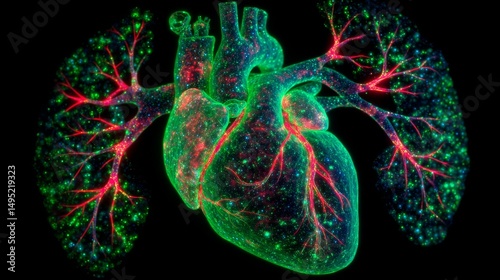 An animation featuring lungs and blood vessels demonstrates global health and tracks the movement of a dark-green speck of hydrogen