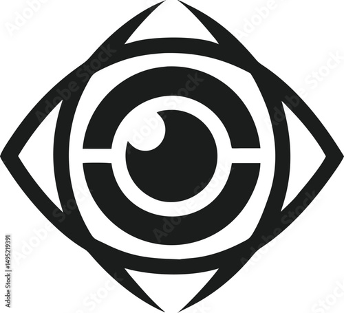 Minimalist eye logo design featuring sharp lines and small pupil with transparency
