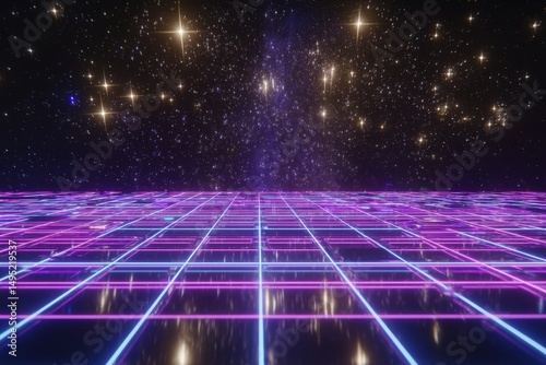 A starry sky overlooks a neon-lit grid landscape that blends futuristic and retro styles