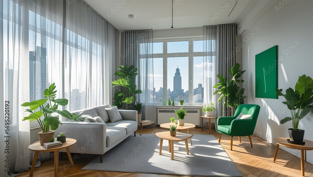Fototapeta premium Modern Apartment Living Room with Green Accents and Indoor Plants