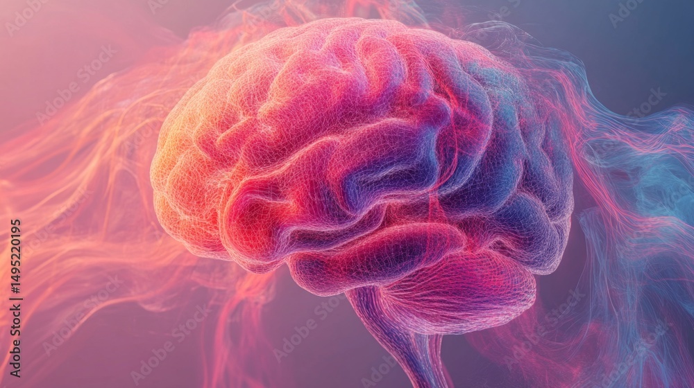 Fototapeta premium Vibrant pink and blue human brain in abstract art surrounded by colorful dynamic cloud-like formation, creating a lively and energetic composition.