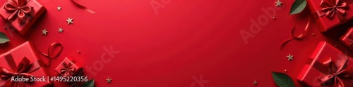 Red background, velvet ribbons, gift boxes, wrapping paper rolls, festive decorations , xmas, holiday