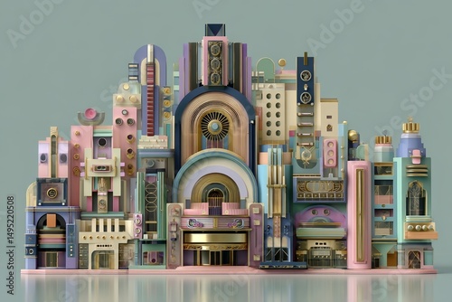 A surrealistic abstract architectural composition is presented in a retro style, complete with a retro background and mind-bending figures, all generated by AI