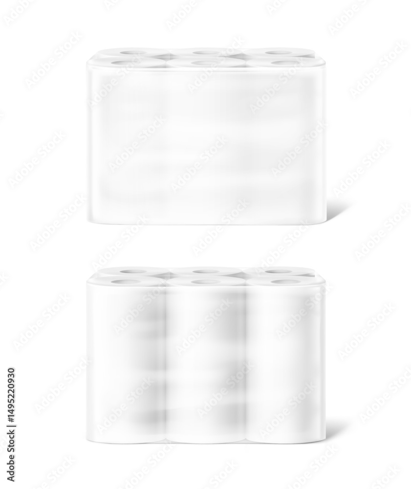 Obraz premium Set of paper towels in film mockup. Vector illustration isolated on white background. Can be use for template your design, presentation, promo, ad. EPS10.