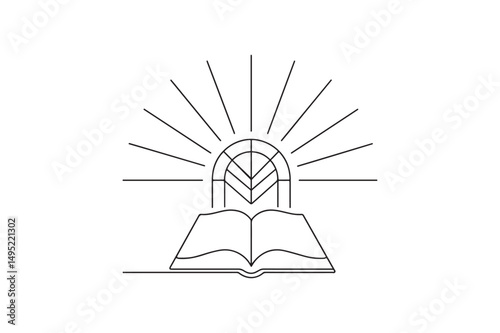 Open Bible with Stained Glass Window Patterns and Light Rays continuous one line drawing minimalism design