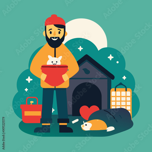 Bearded man with a caring attitude holding a cat near an animal shelter with supplies
