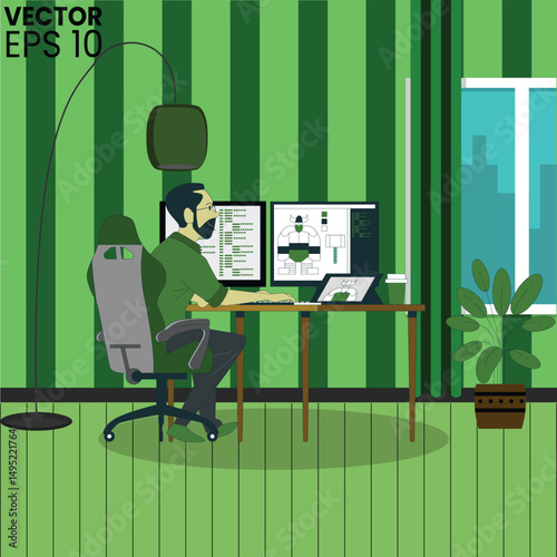 A man doing working on computer and laptop while sitting on chair.