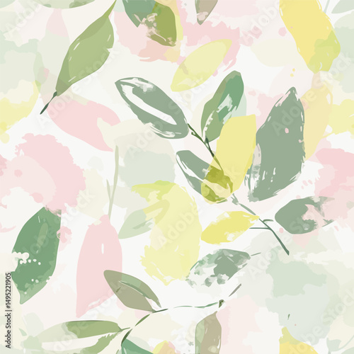 Elegant watercolor botanical textile pattern with soft pastel colors and delicate floral elements - vector illustration