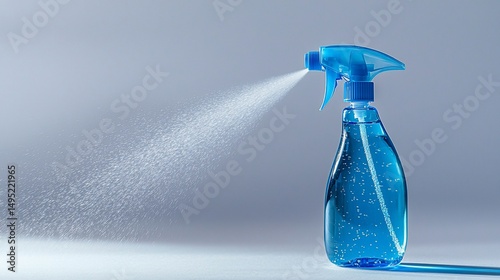 Blue spray bottle dispensing cleaner