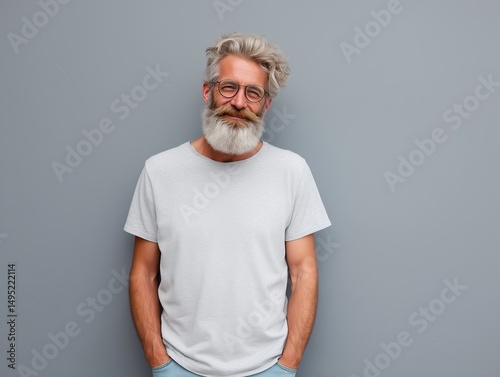 Elderly man with a beard and glasses in a white t-shirt stands smiling against a grey wall.
