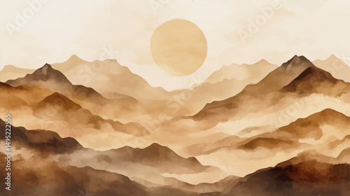 Luxurious watercolor brown mountain background with oriental style elements and rich textures for sophisticated design - vector illustration
