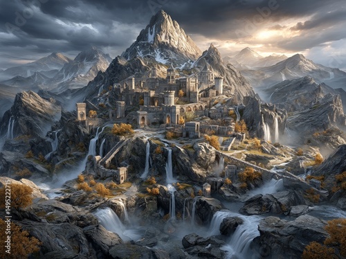 A retrofuturism-inspired palace commands a stunning view of an ethereal autumn landscape, distinguished by the gentle flow of waterfalls, all bathed in the resplendent glow of an evening sunset