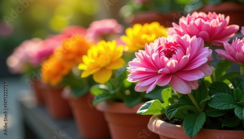 Close-up of colorful flowers blooming in terracotta pots, sunlight illuminating petals , natural beauty, blossoms