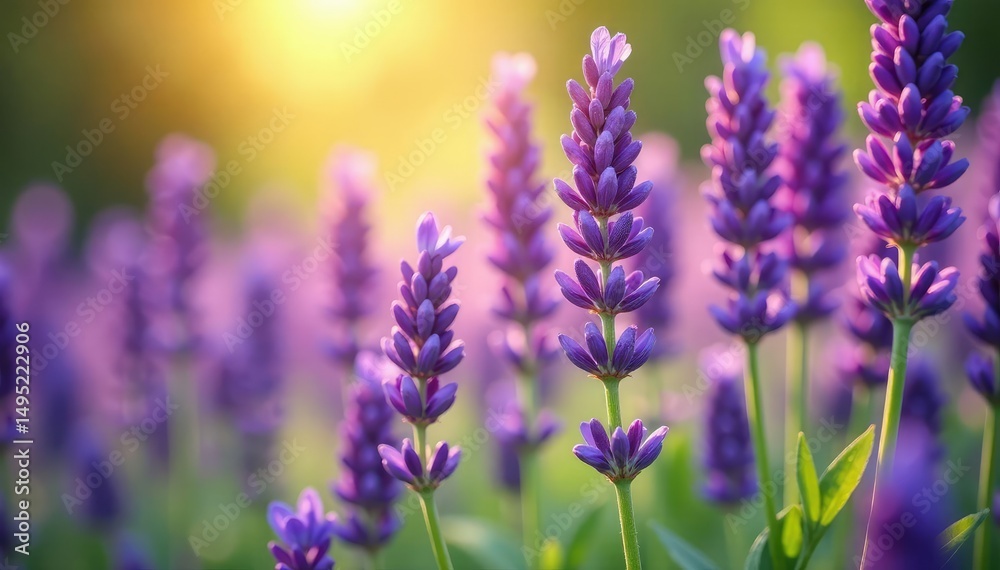 Naklejka premium Close-up of vibrant purple lavender flowers in full bloom, bathed in sunlight , lilac, detail, aromatic