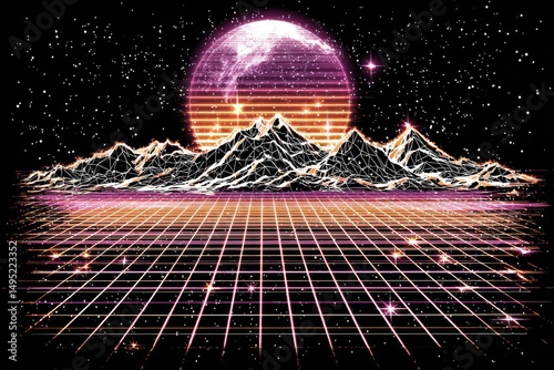 Generated AI stock illustration of a retro styled sci-fi landscape with mountains, set under an alien sun, in a retro futuristic science fiction drawing style