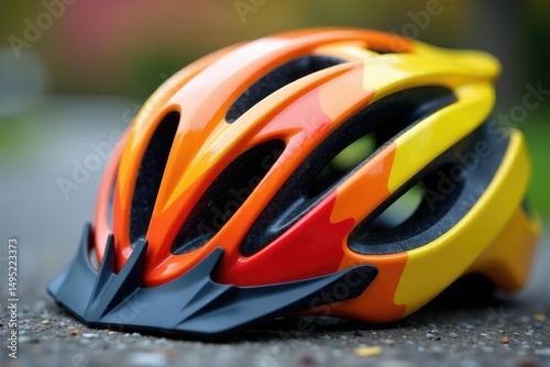 Close-up shot of a brightly colored bicycle helmet, showcasing its safety features , safety gear, bright colors, cycle
