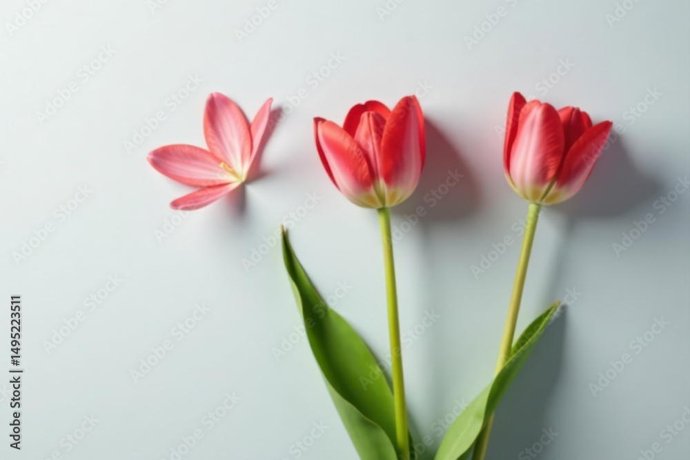 Bright red tulip blossom angled across pale gray backdrop , plant, still life Bright red tulip blossom angled across pale gray backdrop , plant, still life