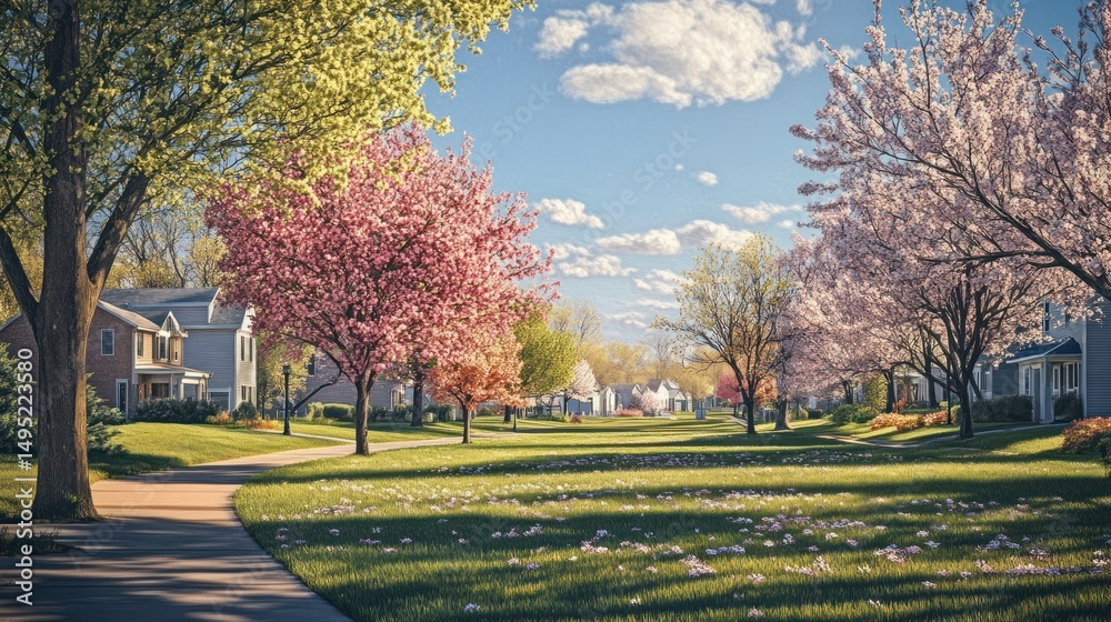 Naklejka premium Idyllic spring neighborhood scene with blooming trees and manicured lawns