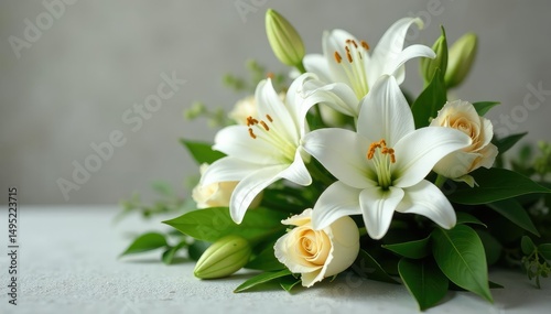 Elegant white lilies and roses funeral arrangement Peaceful, somber tribute , calming, floral, respectful