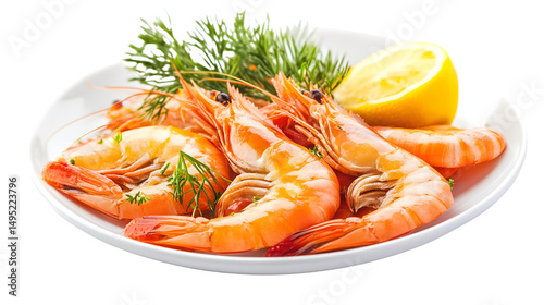 Fresh Shrimps in White Plate Isolated on Transparent Background Isolated