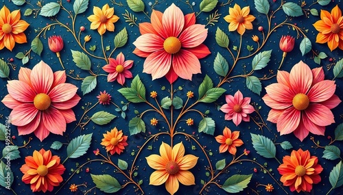 Intricate floral textile design, repeating motif, botanical, leaves, design