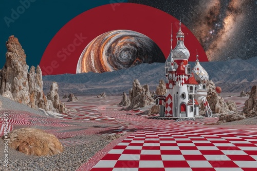 A retro-styled science fiction landscape featuring mountains, accompanied by a retro-futuristic illustration of an alien sun in a drawn style, created using