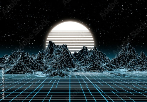 A retro-futuristic scene featuring mountains and a sun situated in the depths of space, reminiscent of 80s synthwave, with a sunrise unfolding over an alien world