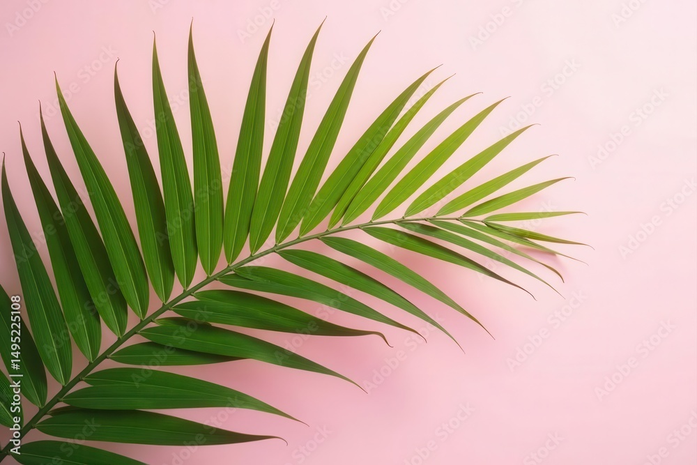 Fototapeta premium Vibrant green palm frond, delicate shadow, pastel pink backdrop, holiday, background, backdrop
