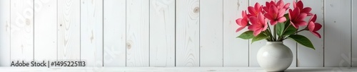 Wallpaper Mural Nodding clerodendron blooms, contemporary vase, concrete tabletop, white wood paneling , white, vase Torontodigital.ca