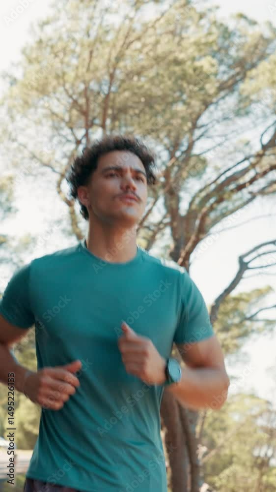 Running, fitness and smart watch with man in nature for tracking performance, health stats and lap time. Training progress, wellness app and monitor workout with person in forest for sports goals