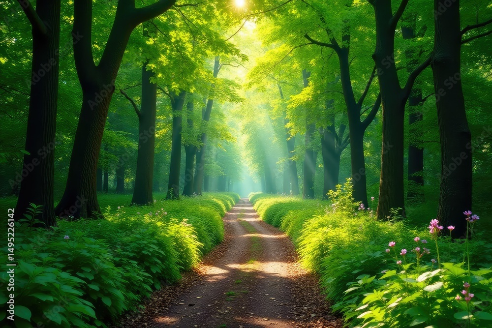 Obraz premium Sun-dappled forest path winding through lush green foliage, dappled sunlight on leaves , undergrowth, countryside, texture background