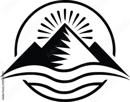 Flat minimalist mountain peak logo design depicting sunrise symbol