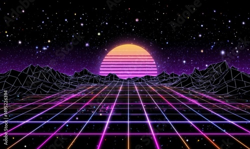 A synthwave-inspired illustration featuring a wireframe net on a digital background that embodies the retro futurism of the 80s and 90s, complete with a cyber grid, neon lights, and a starry