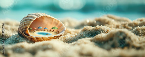 An open seashell lying on golden beach sand and inside it: a tiny tropical beach with miniature people sunbathing, swimming, and playing. Concept of imagination, vacation, travel, magical realism.