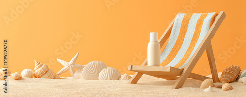 Bottle of sunscreen cream lying on the beach chair. Concept of health and body care and tourism.
