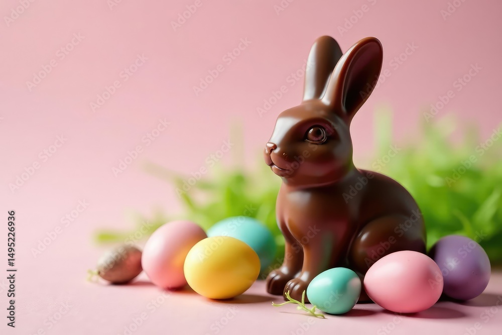 Fototapeta premium Delicious milk chocolate Easter bunny, eggs, and treats Perfect for Easter celebrations , chocolate assortment, cocoa