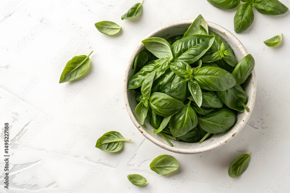 Obraz premium Fresh green basil leaves in a rustic bowl on a white textured surface