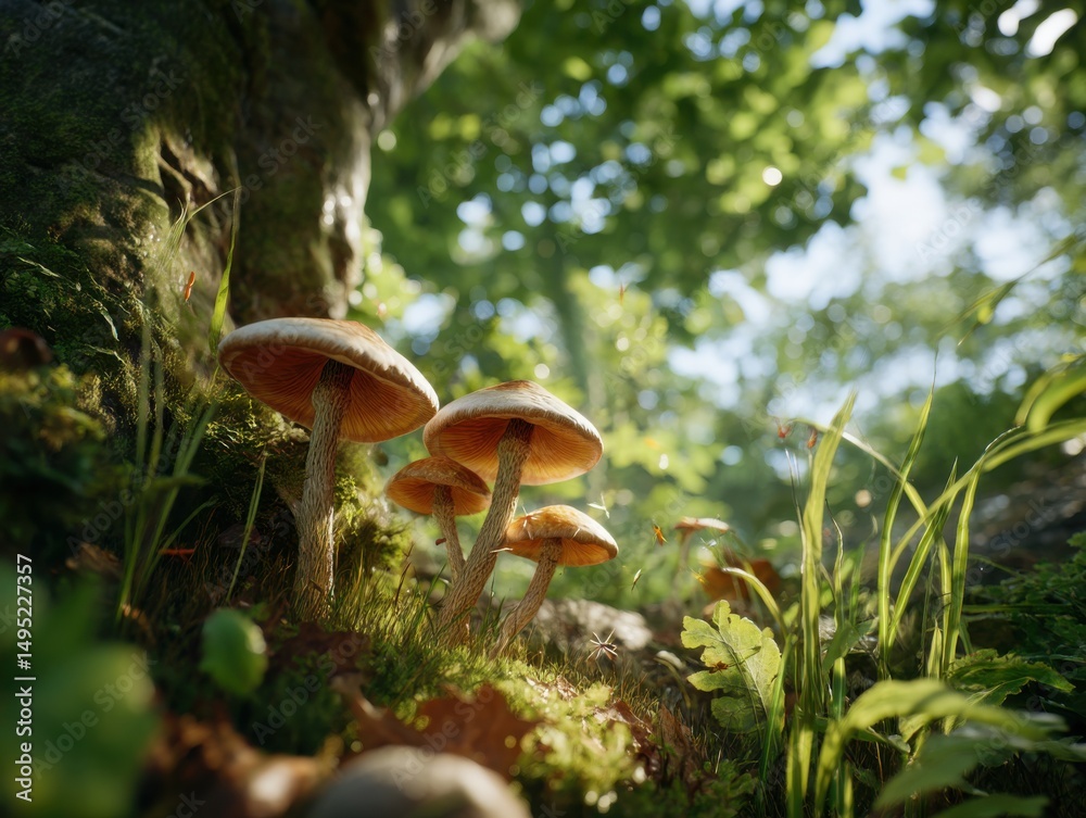 Fototapeta premium Cluster of Mushrooms Growing at Base of Tree in Forest, Symbolizing Natural Healing and Connection to Nature for Wellness Campaigns : Generative AI