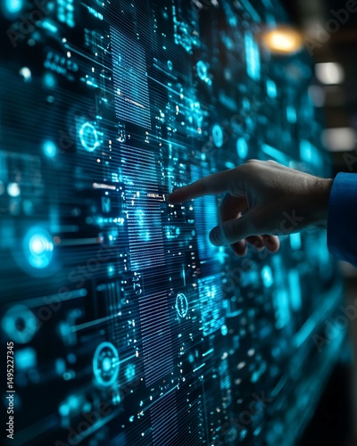 Close-up of business executive pointing to holographic data model in futuristic meeting setup AI Integration in Corporate Strategy Technology Demonstrations and Business Decision Making