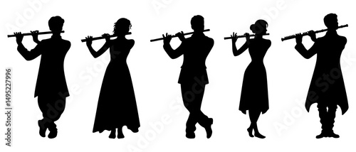 Man And Woman Playing Flute Silhouette Black Filled - Vector Illustration Icon.