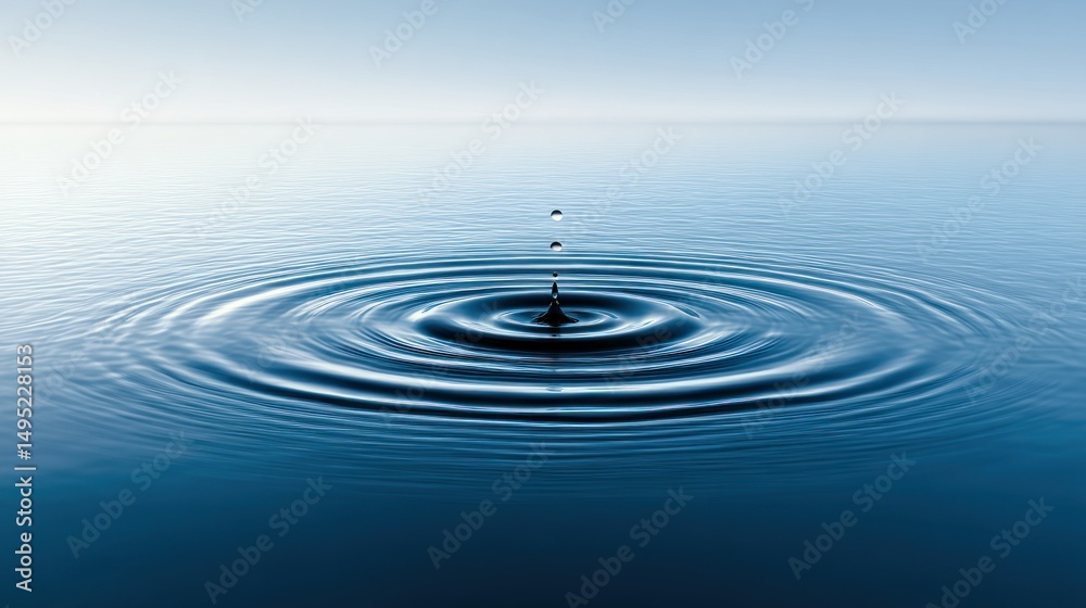 Fototapeta premium Gentle Water Drop Falling into Calm Lake Creating Ripples Effect