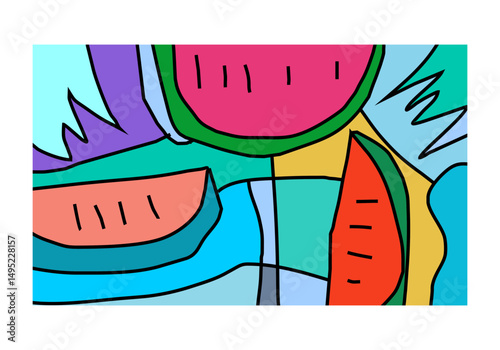 playful abstract illustration featuring multiple slices of watermelon in bold, flat colors and expressive black outlines.