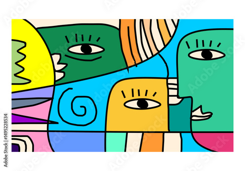modern cubist abstract illustration featuring expressive human facial features arranged in geometric compositions. 
