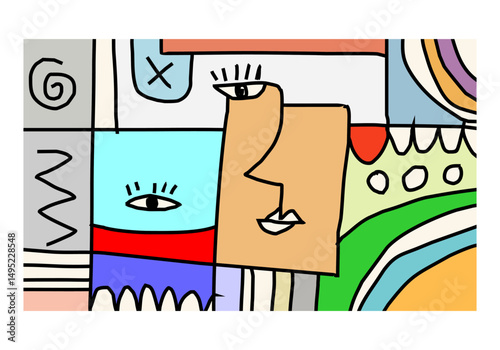 modern cubist abstract illustration featuring expressive human facial features arranged in geometric compositions. 