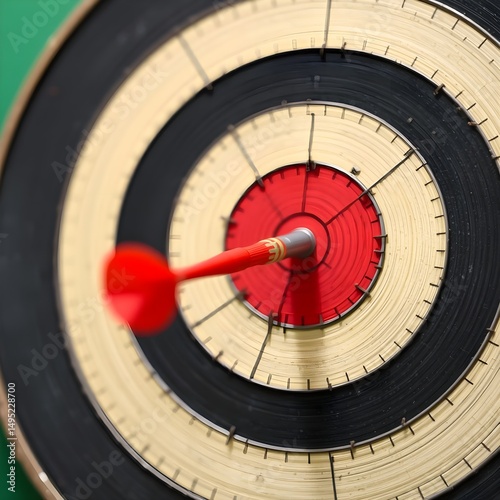 A dart stuck outside the bullseye with more darts lined up.