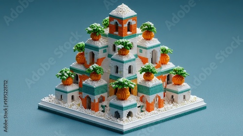 Modular Majesty: Citrus & Sage Geometric Architecture with Precision-Stacked Terraces & Azure Backdrop for Architectural Model Kits & Creative Design