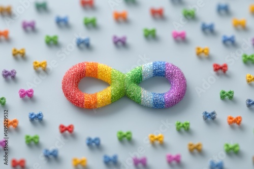 A young boy with autism is represented by the infinity rainbow symbol sign, which is associated with World Autism Awareness Day and the autism rights movement, promoting neurodiversity and the