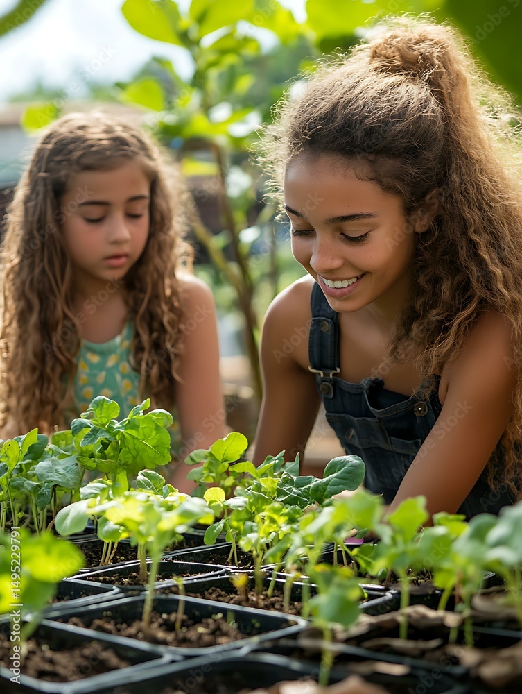 Fototapeta premium Children planting seedlings in rooftop garden classroom with teacher under shade canopy Sustainable Urban Agriculture Japanese Architecture and Rooftop Design